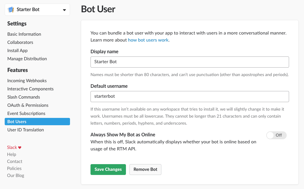 Added a bot user to the Slack App