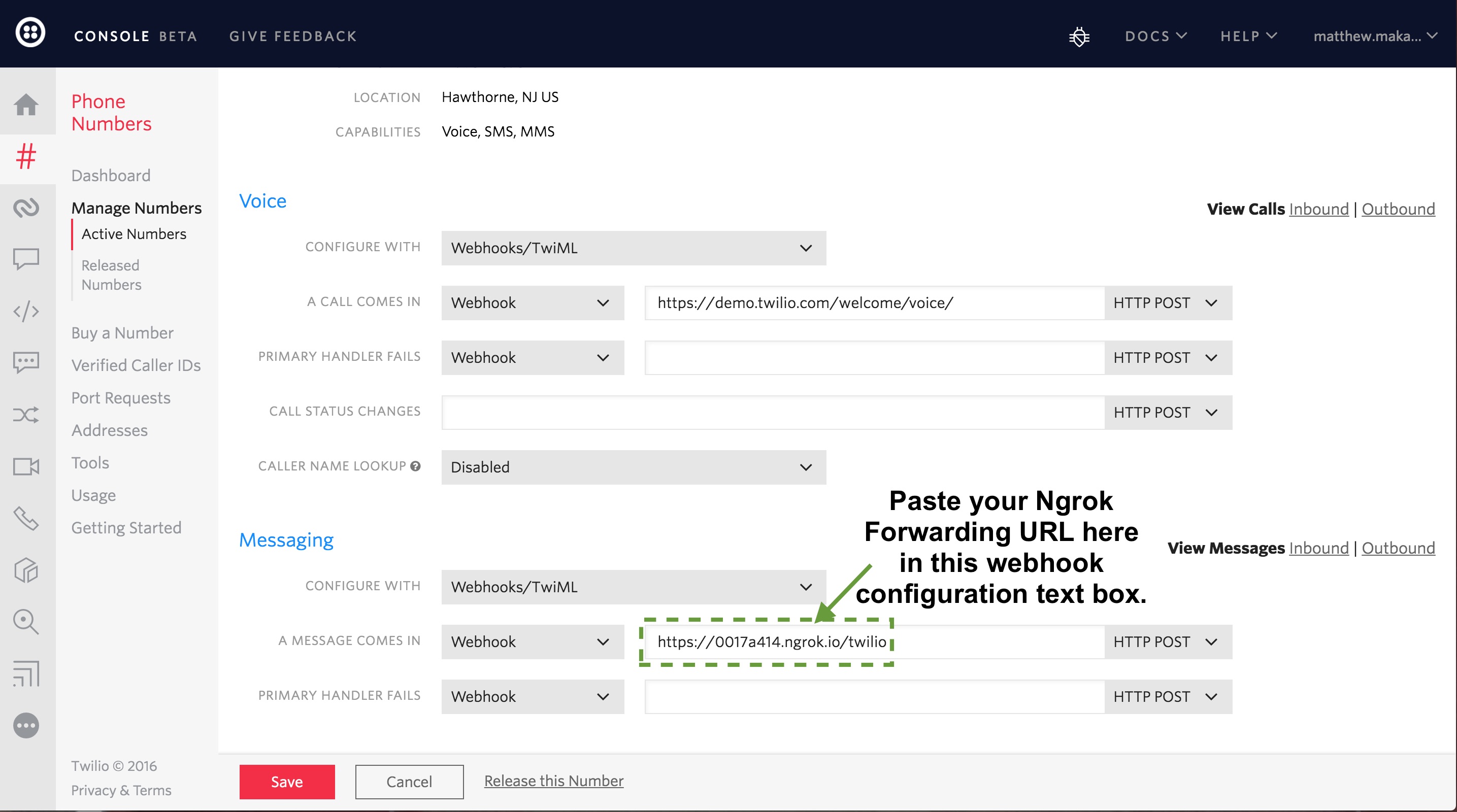 Paste the ngrok Forwarding URL into the Twilio webhook configuration text box.