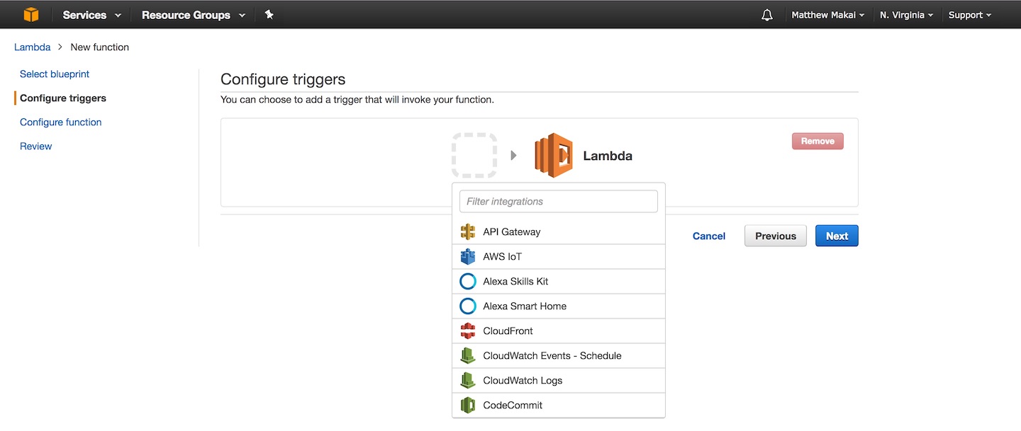 Configure trigger screen, which we will not use for now because we will manually kick off our Lambda.