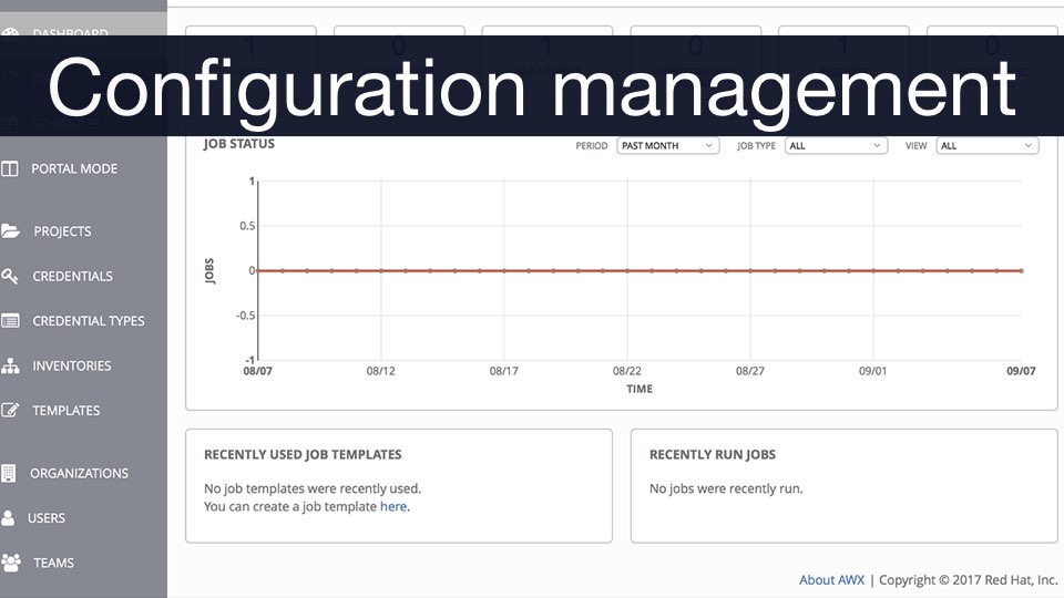 Text that reads 'configuration management' with a screenshot of Ansible AWX in the background.