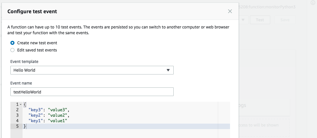 Configure an empty test event for your Lambda function.