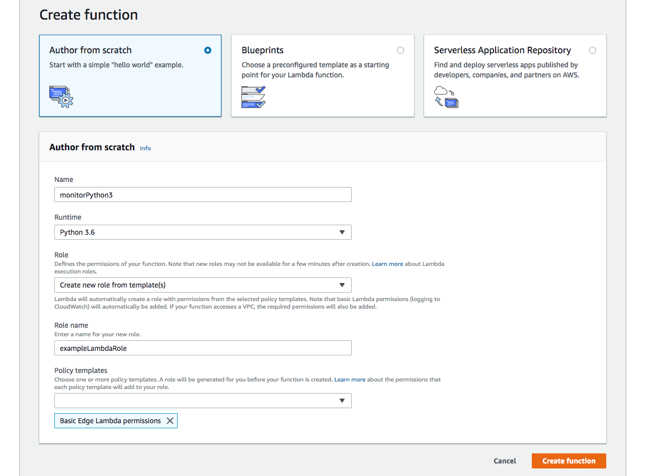 The create Lambda function screen.