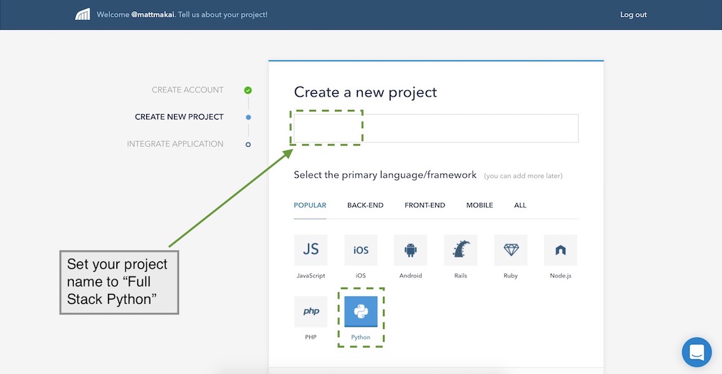 Name your project 'Full Stack Python' and select Python as your language.