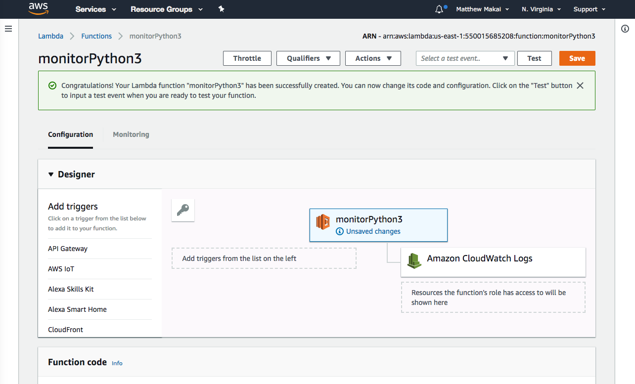 Blank AWS Lambda function named monitorPython3.