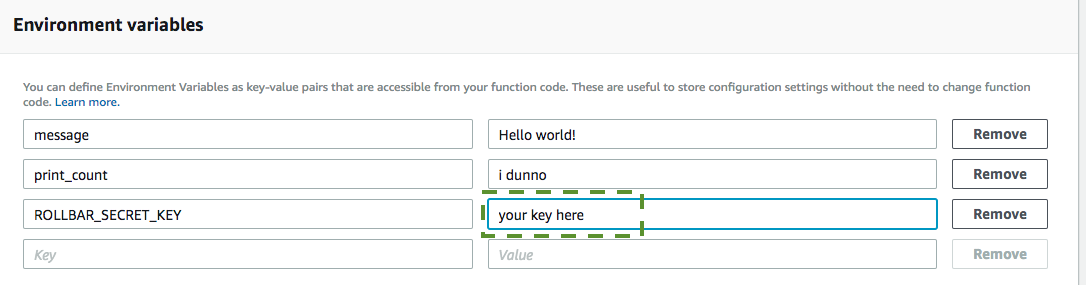 Add your Rollbar server-side key into a Lambda environment variable.