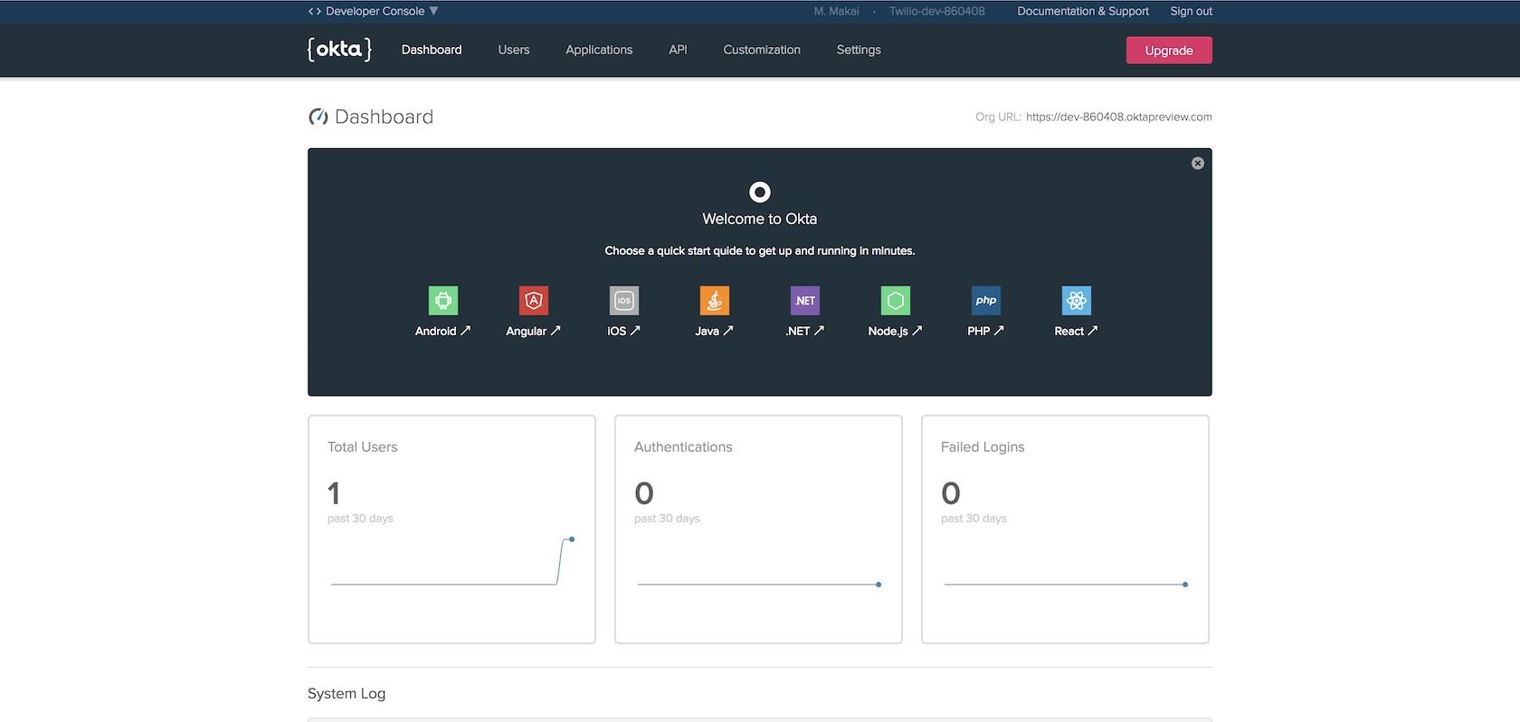 Okta developer dashboard.