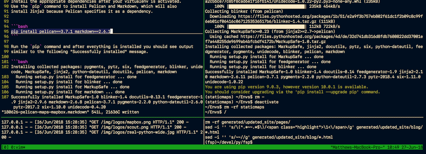 tmux plus Vim editor on a dark background.